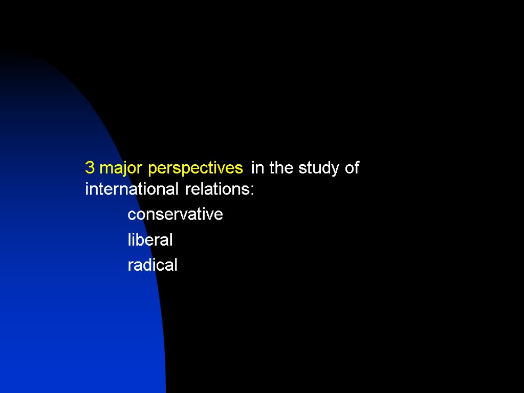 3 major perspectives in the study of international relations: conservative liberal radical